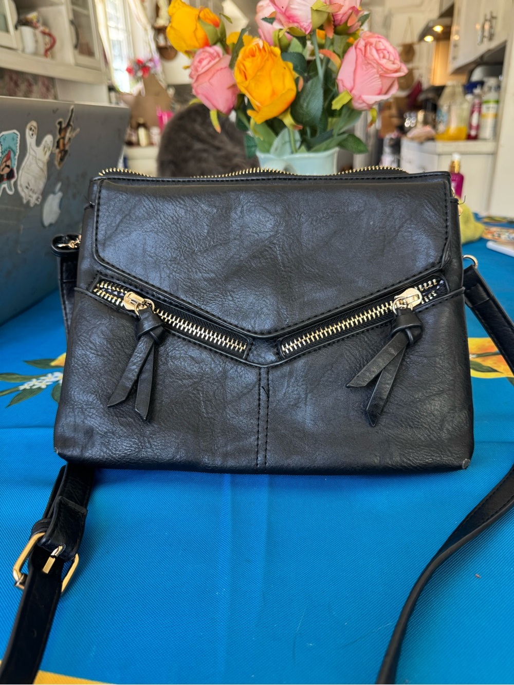 Antik Kraft Black Crossbody Bag with Gold Hardware